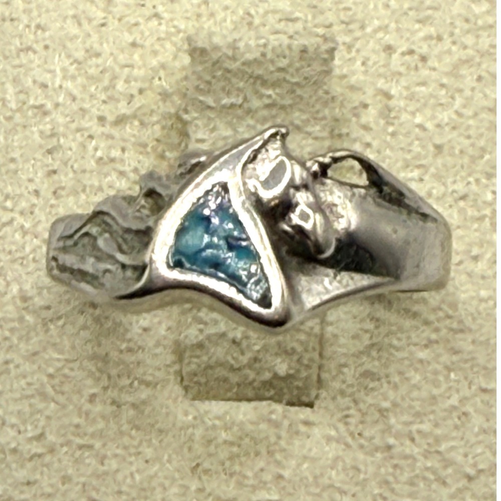 Vintage Turquoise Chip Inlay Horse Head Ring Silver Tone Equestrian Size 6
